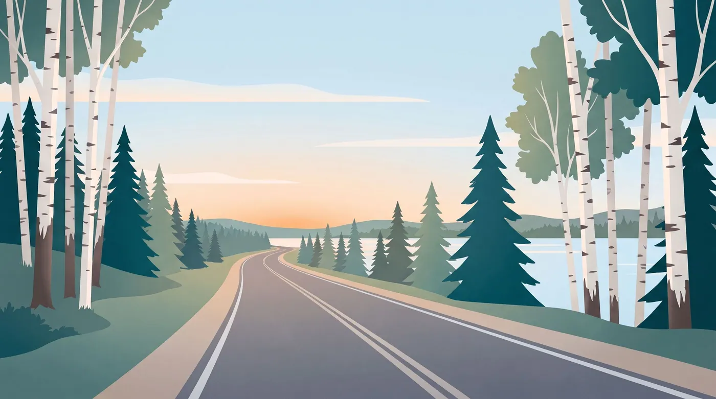 Drawing of a quiet two-lane highway through birch and spruce trees, with a lake beside the road