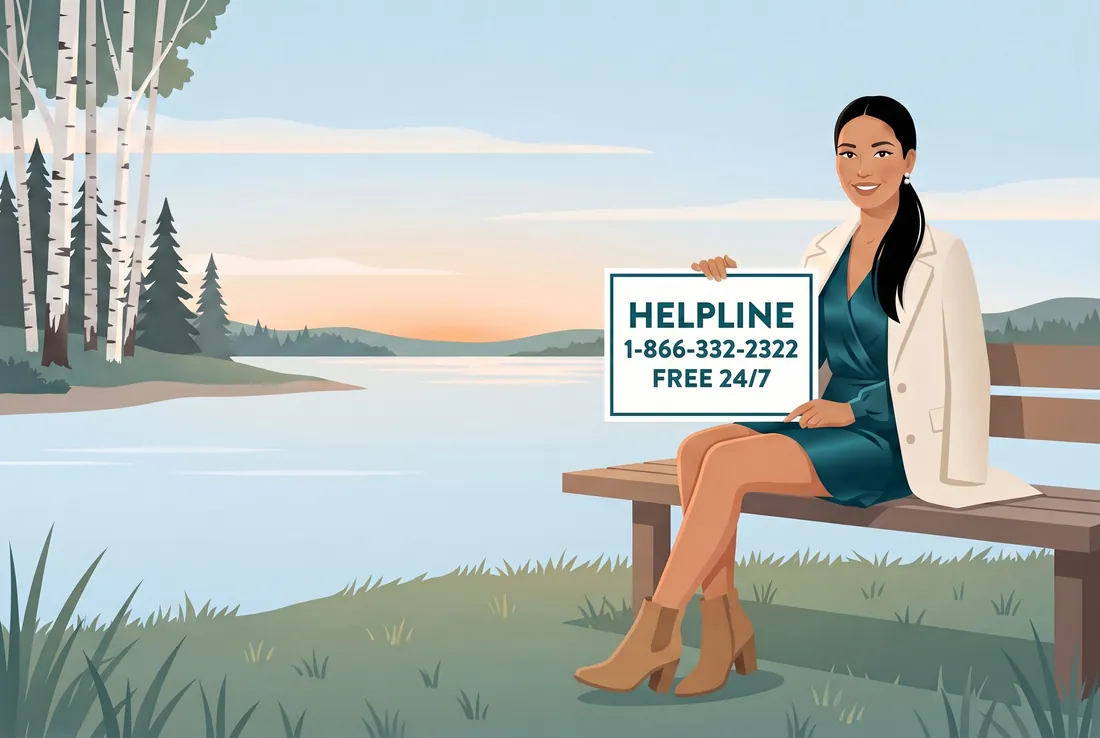 Drawing of the guide character on a lakeside bench at sunset, holding a card that says Helpline 1-866-332-2322, free 24/7