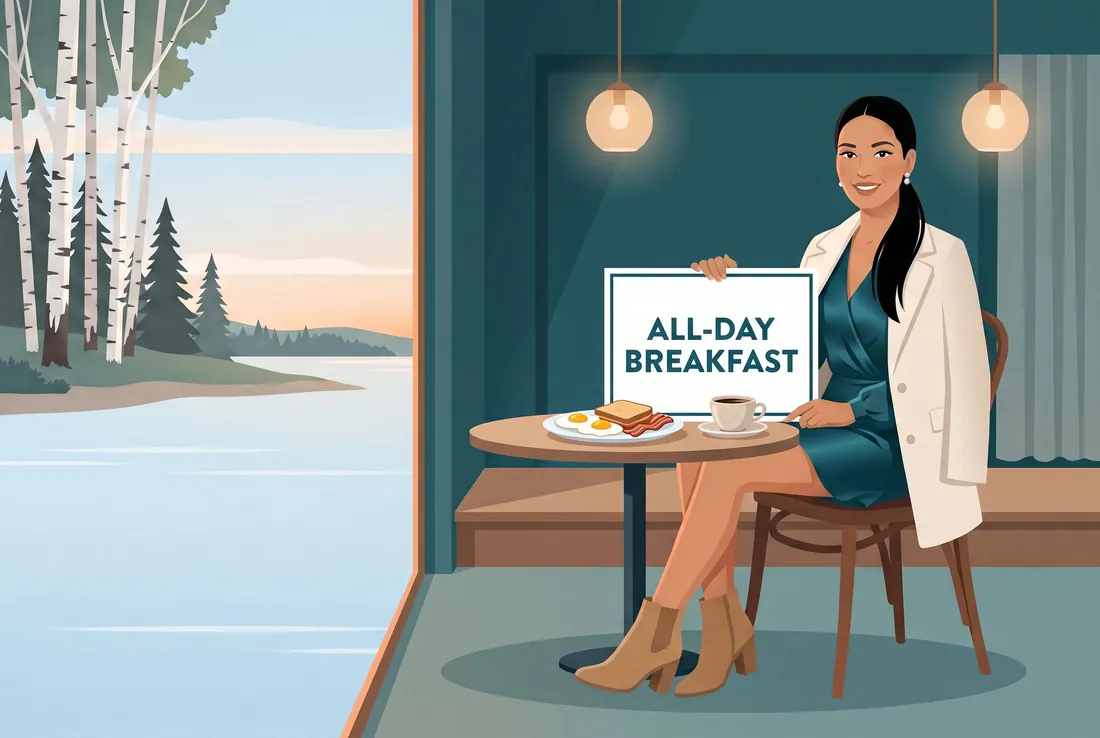 Drawing of the guide character at a lounge table with breakfast and coffee, holding a card that says All-day breakfast