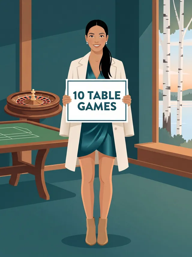 Drawing of the guide character standing by a card table and a roulette wheel, holding a board that says 10 table games